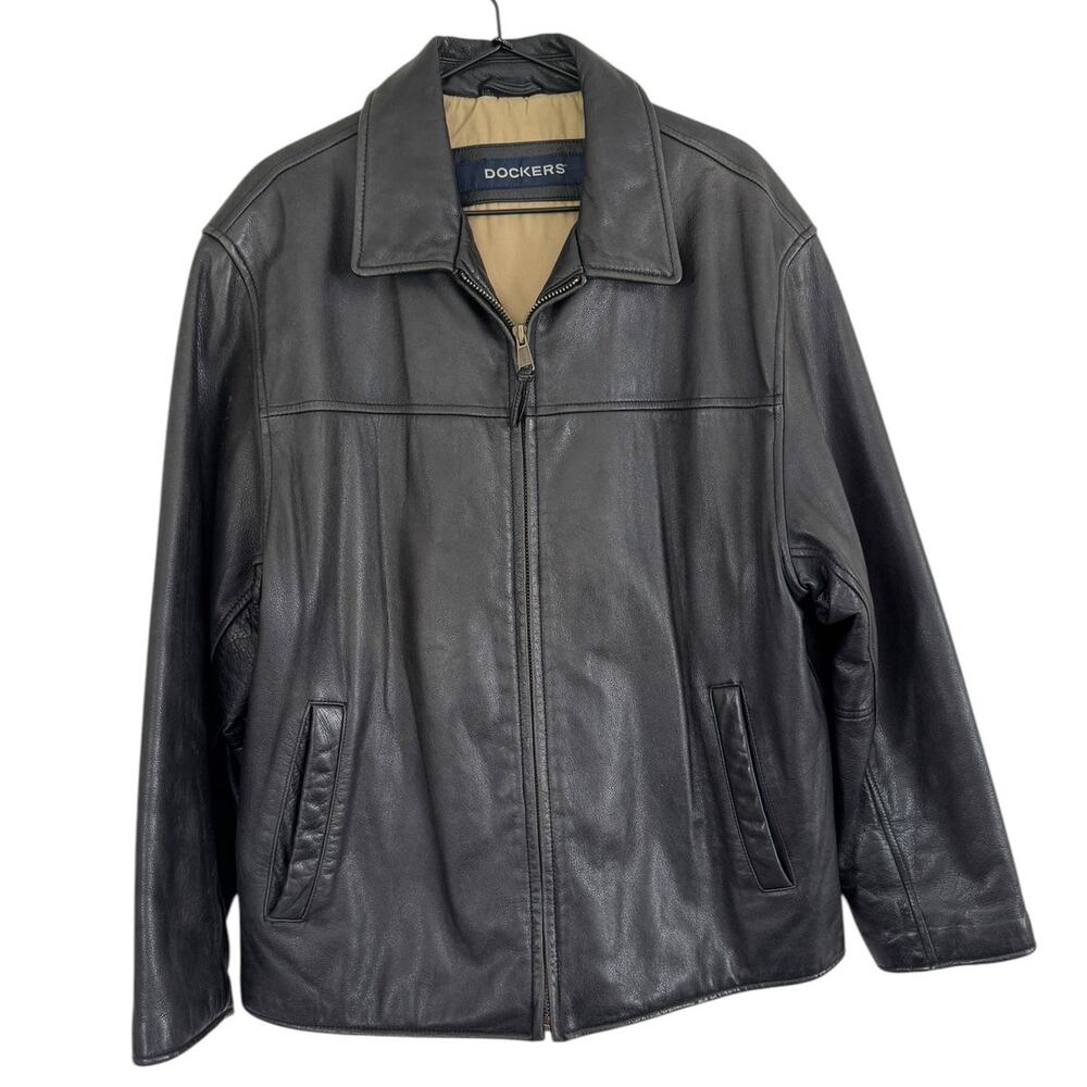 Vintage‎ Dockers Black Zip Front Leather Jacket Large / XL 90s Y2K Oversized - Picture 4 of 16